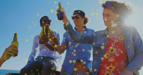 Friends Celebrating Summer Vacation at Sea with Drinks