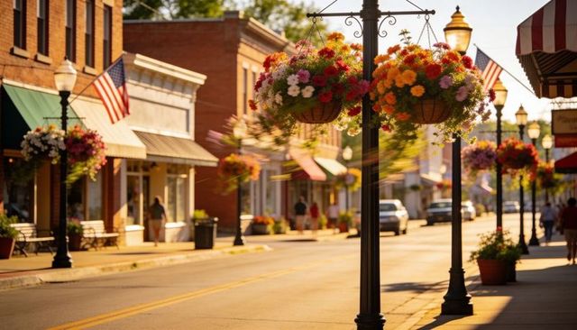 Small town main street blooming hanging baskets at golden hour with lamp posts