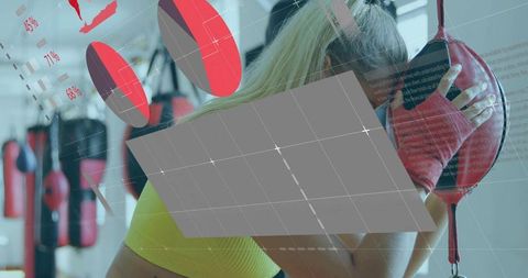 Female boxer training with speed bag, yellow sports bra, red hand wraps and analytics overlay