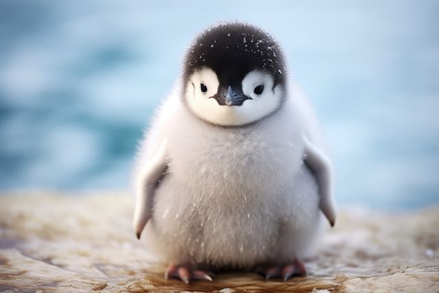Cute and fluffy penguin chick standing on ice near the ocean. Great for wildlife awareness blogs, children's educational books, nature websites, wallpapers, and conservation campaigns.