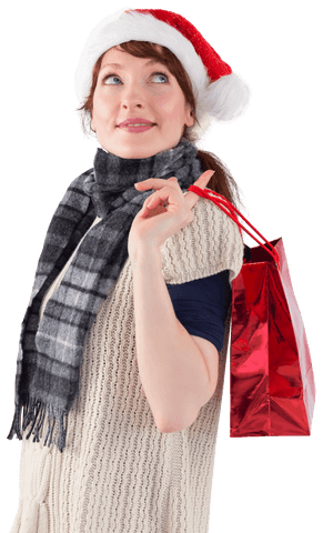 Smiling Woman in Santa Hat Holding Red Bag on Transparent Background