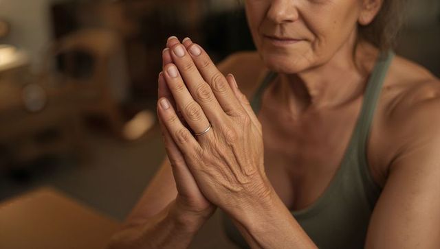 Senior woman praying and clasping hands at chin, meditating in warm interior with olive tank