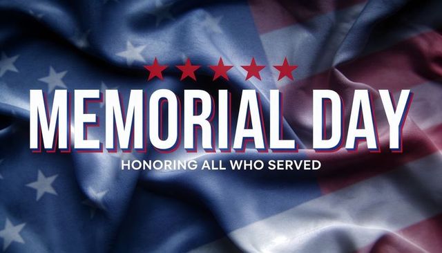 Memorial day tribute honoring all who served over waving american flag with five stars