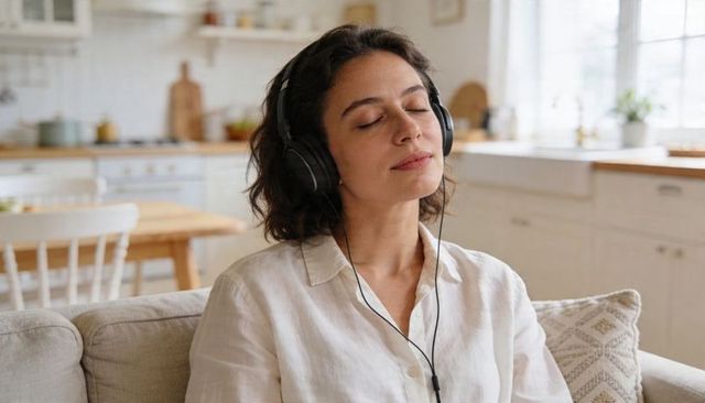 Woman enjoying music with wired headphones in bright minimalist open-plan kitchen space