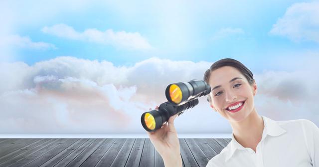 Digital composite of Portrait of happy businesswoman holding binoculars on boardwalk