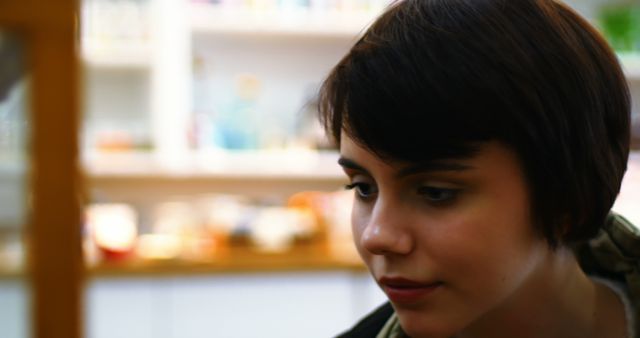 Young Woman With Short Hair Looking Down in Thoughtful Moment - Download Free Stock Images Pikwizard.com