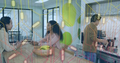 Coworkers Interacting in Modern Office Kitchen with Digital Overlay