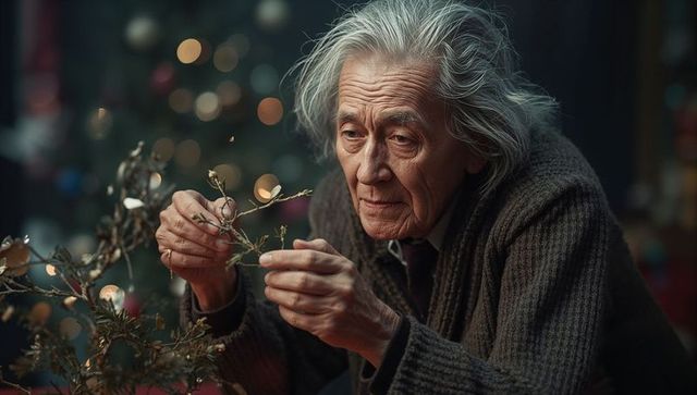 Elderly man contemplatively decorating branch in cozy setting