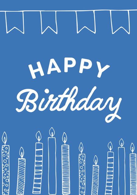 Colorful birthday card features a cheerful 'Happy Birthday' text surrounded by decorative candle graphics on a blue background. Ideal for digital birthday wishes, printable cards, social media birthday posts, and festive event invitations. Perfect for personal and commercial birthday celebrations.