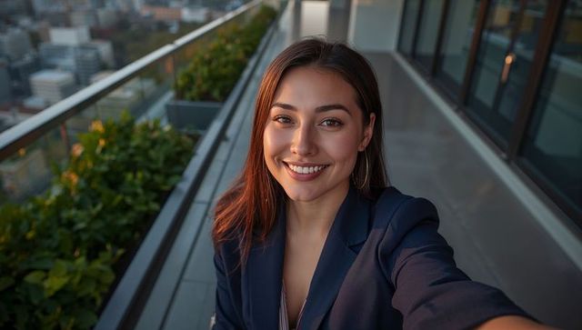 Smiling young professional taking rooftop selfie at sunset with city skyline and planters