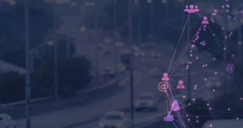 Overlay of Digital Network System On Busy City Highway At Twilight