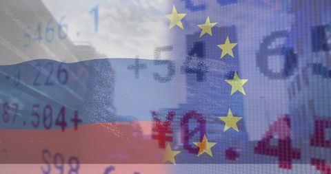 Russia and eu flags overlay with stock market graphics