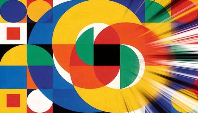 Vibrant Geometric Burst Featuring Overlapping Rings, Bold Grid and Dynamic Color Motion