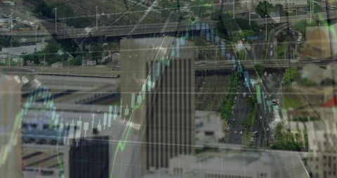 Financial Graphs Overlaying Urban Cityscape Highlighting Global Economy