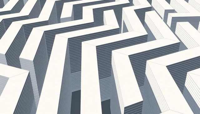 White Stepped Monolith Maze forming Geometric Labyrinth with Deep Shadows and Rhythm