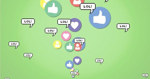 Social media icons floating with lol text banners on green background