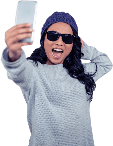 Smiling Asian Woman Wearing Sunglasses Taking Transparent Selfie