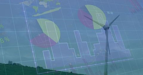 Wind turbine showing renewable energy analytics overlay over countryside hill