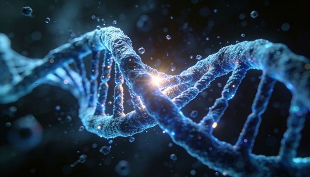 Glowing dna double helix twisting through cellular space with luminous particles