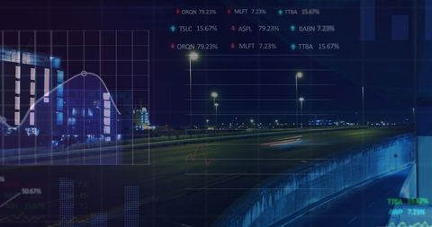Financial Data Overlay on Night Cityscape Reflecting Global Market Activity