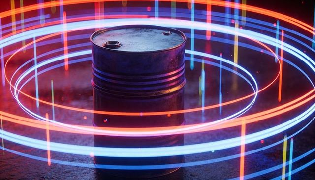 Neon rings encircling rusted oil drum on wet floor, cyberpunk fog and holographic glow