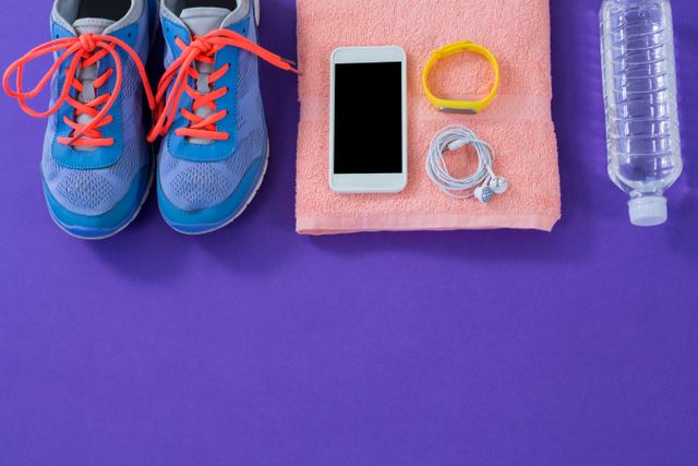 Sneakers, water bottle, towel, mobile phone with headphones and wristband on purple background