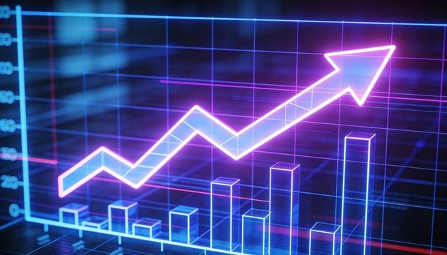 Neon holographic financial chart rising with arrow and glowing 3D bar graph in cyber grid