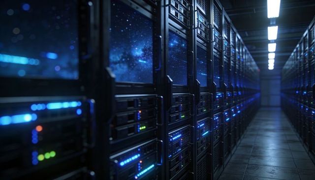 Hyperscale data center corridor with illuminated server racks and blue led indicators
