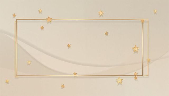Elegant minimalist beige invitation with double gold frame and scattered metallic stars