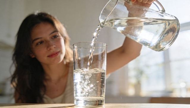 Young woman pouring water from glass pitcher into tall glass in sunlit kitchen