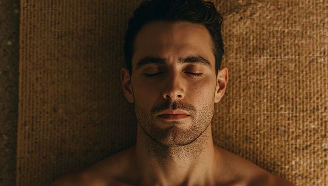 Relaxing man resting with closed eyes on woven jute mat in warm natural light male headshot