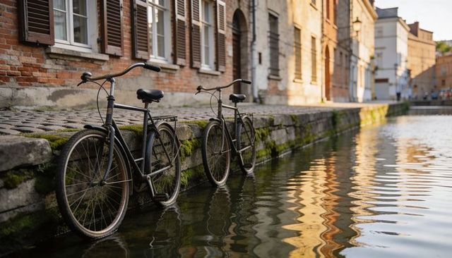 Vintage city bicycles leaning on mossy stone quay beside canal reflecting golden light