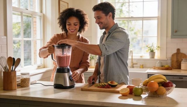 Sunlit couple making fruit smoothie on kitchen island — blending healthy morning together