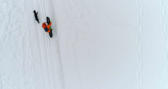 Cyclist wearing bright jacket riding fat bike on snowy trail with black dog running alongside. Captured from above, emphasizing vast snowy landscape and sense of adventure. Perfect for promoting winter sports, outdoor adventures, and companionship during activities.