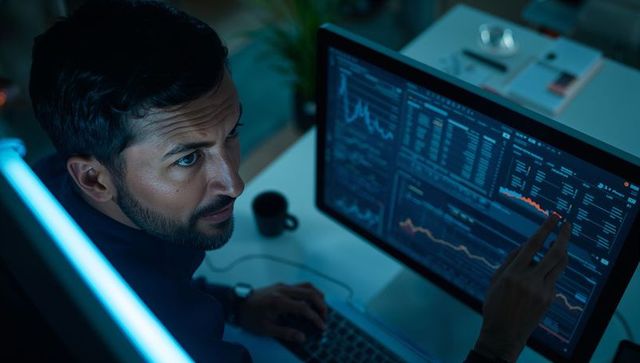 Nighttime financial analyst reviewing live trading dashboards and market charts on desktop