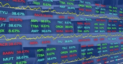 Digital stock market displays over office interiors