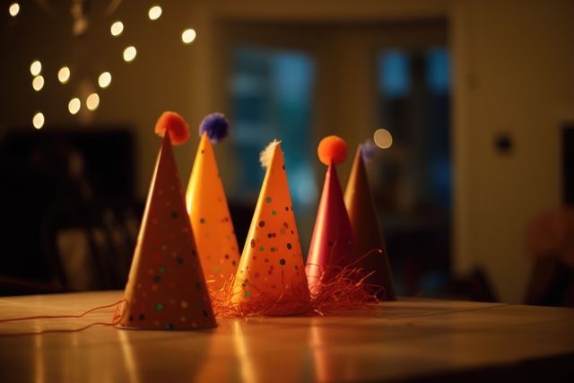 Close up of party hats on wooden surface, created using generative ai technology. Party, birthday party and celebration concept digitally generated image.