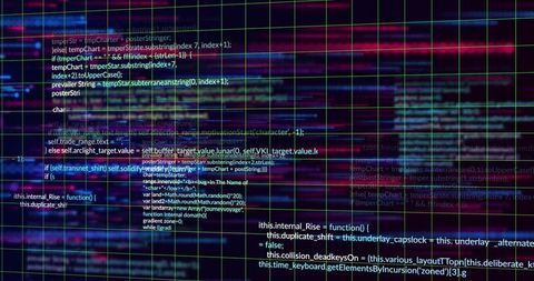 Glitched Neon Grid with Readable Code and Magenta Scanlines for Cybersecurity and Tech
