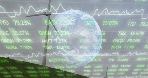 Earth globe overlaying wind turbine and stock data visualizing renewable energy finance
