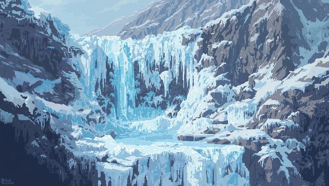 Cascading frozen waterfall in alpine gorge revealing icicles and tiered ice pools