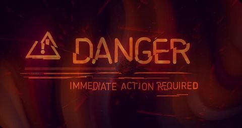 Danger immediate action required hud alert with hazard triangle neon glitch crack overlay