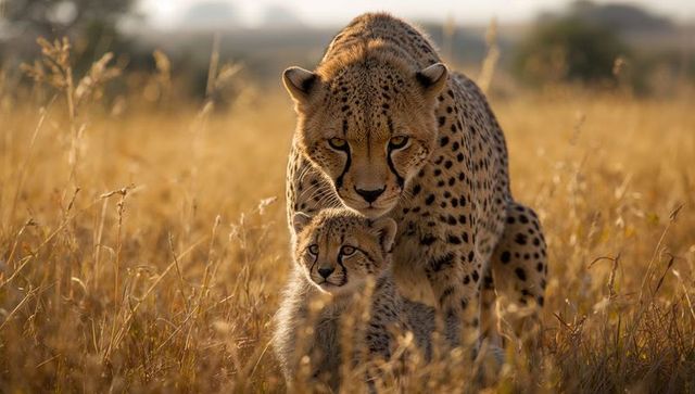 Mother cheetah protecting cub on open savannah plains