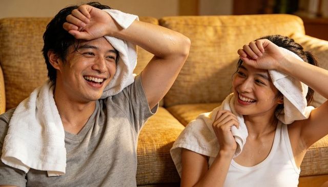 Smiling couple wiping sweat with towels after home workout on cozy living room sofa
