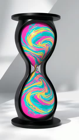 Rotating Black Hourglass Revealing Neon Marble Swirls in Vertical Studio Video