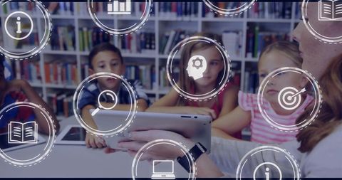 Teacher using tablet to engage elementary students in digital library learning