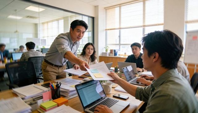 Asian team collaborating as manager handing reports across meeting table in modern office