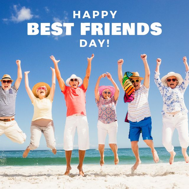 Best friends day text on cheerful caucasian senior friends jumping against blue sky on sunny day. digital composite, friendship, togetherness and bonding concept.