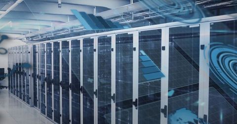 Illuminated Data Center Corridor with Overlays for Technology Concepts - Download Free Stock Images Pikwizard.com