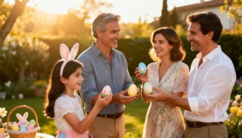 Multigenerational family exchanging colorful easter eggs in sunlit garden at golden hour