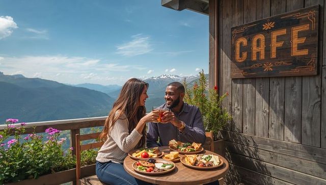 Couple Toasting on Alpine Cafe Terrace with Spectacular Mountain Valley View